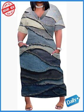 Plus Size Maxi Dress V-Neck Short Sleeve Denim Print Pockets Soft Jean Look